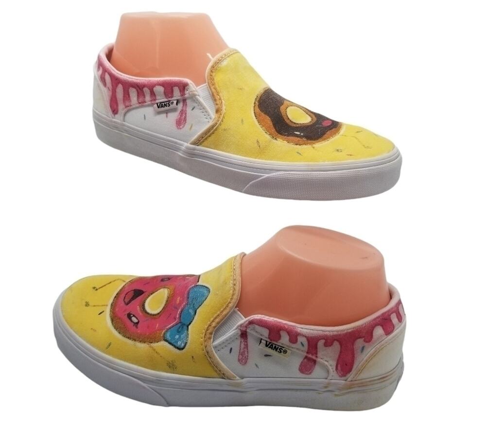 Vans Womens SZ 7.5 Sneakers Slip On Custom Painted Donut Design Yellow Pink